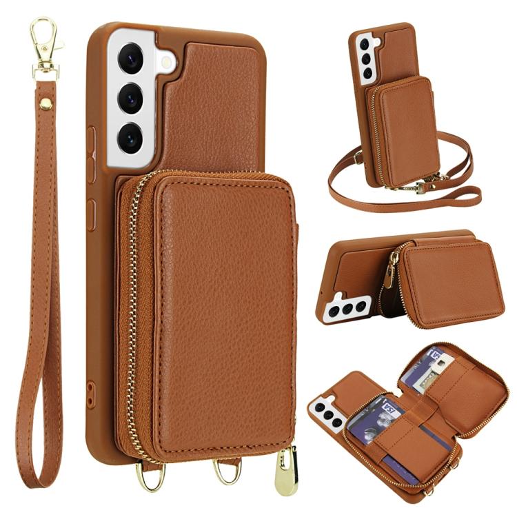 

For Samsung Galaxy S22 5G Crossbody Zipper RFID Card Bag Phone Case(Brown)
