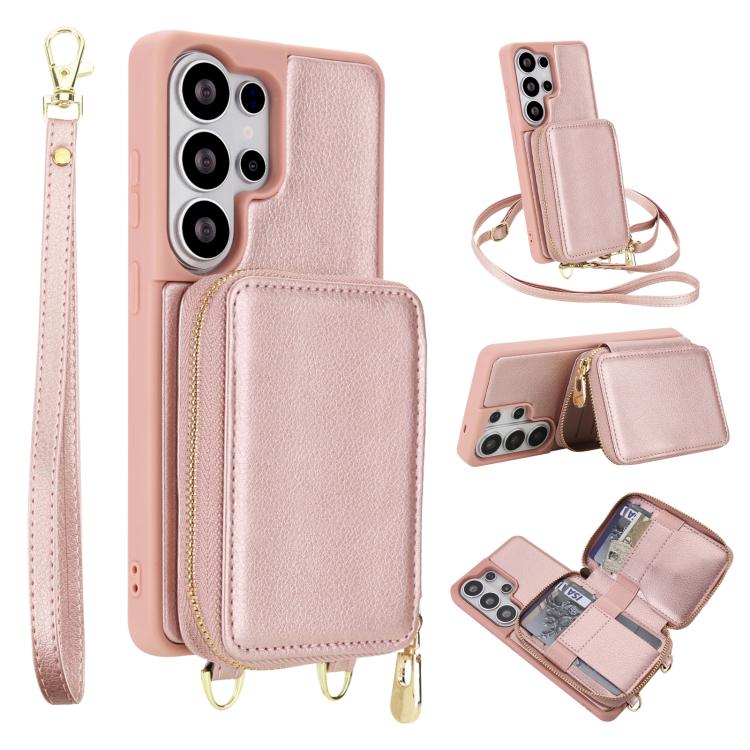 

For Samsung Galaxy S26 Ultra 5G Crossbody Zipper RFID Card Bag Phone Case(Rose Gold)