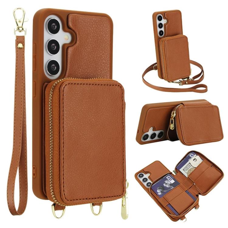 

For Samsung Galaxy S26 5G Crossbody Zipper RFID Card Bag Phone Case(Brown)