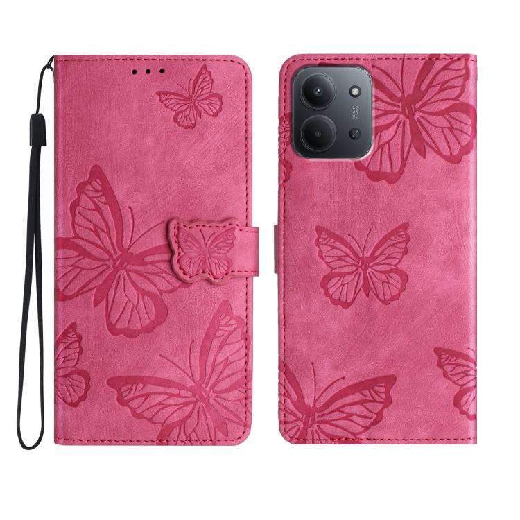 

For Redmi 15C 5G / 4G Global 171mm Skin-feel Embossed Butterfly Leather Phone Case(Rose Red)