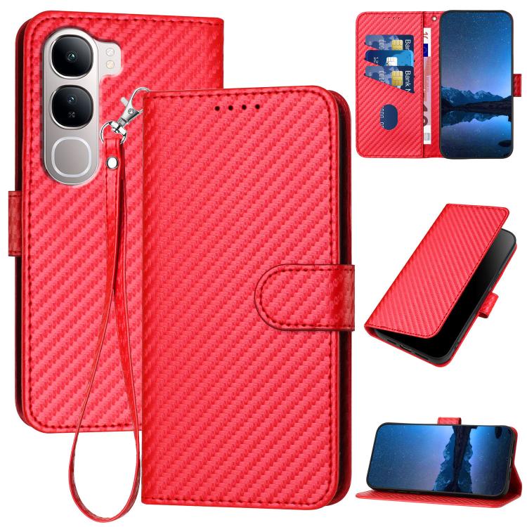 

For vivo Y31 5G 2025 YX0070 Carbon Fiber Buckle Leather Phone Case with Lanyard(Red)