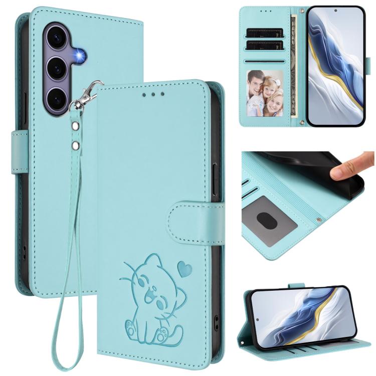 

For Samsung Galaxy S25 / S24 5G Embossed Heart Cat Leather Phone Case with Hand Strap(Mint Green)