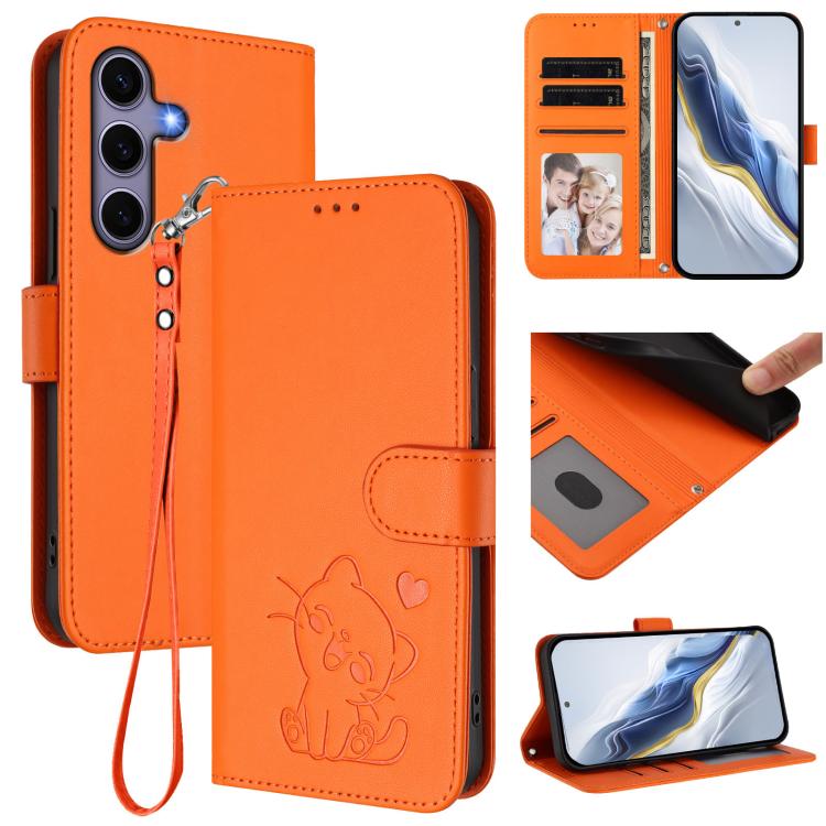 

For Samsung Galaxy S25 / S24 5G Embossed Heart Cat Leather Phone Case with Hand Strap(Orange)