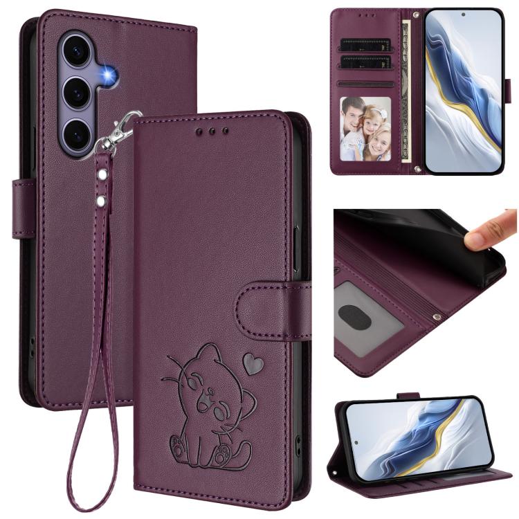 

For Samsung Galaxy S25+ / S24+ 5G Embossed Heart Cat Leather Phone Case with Hand Strap(Dark Purple)