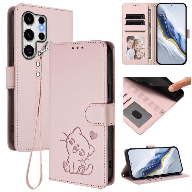 

For Samsung Galaxy S25 Ultra 5G Embossed Heart Cat Leather Phone Case with Hand Strap(Pink)
