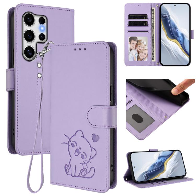 

For Samsung Galaxy S25 Ultra 5G Embossed Heart Cat Leather Phone Case with Hand Strap(Light Purple)
