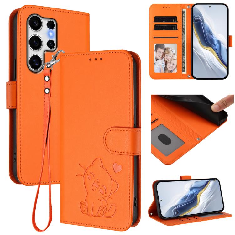 

For Samsung Galaxy S25 Ultra 5G Embossed Heart Cat Leather Phone Case with Hand Strap(Orange)