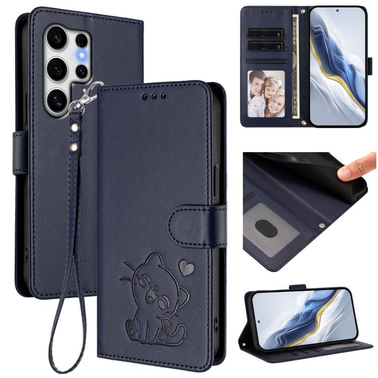 

For Samsung Galaxy S25 Ultra 5G Embossed Heart Cat Leather Phone Case with Hand Strap(Blue)