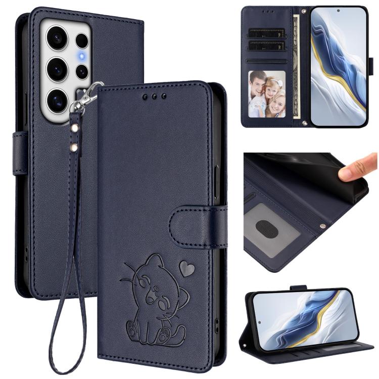 

For Samsung Galaxy S24 Ultra 5G Embossed Heart Cat Leather Phone Case with Hand Strap(Blue)