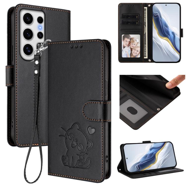 

For Samsung Galaxy S24 Ultra 5G Embossed Heart Cat Leather Phone Case with Hand Strap(Black)