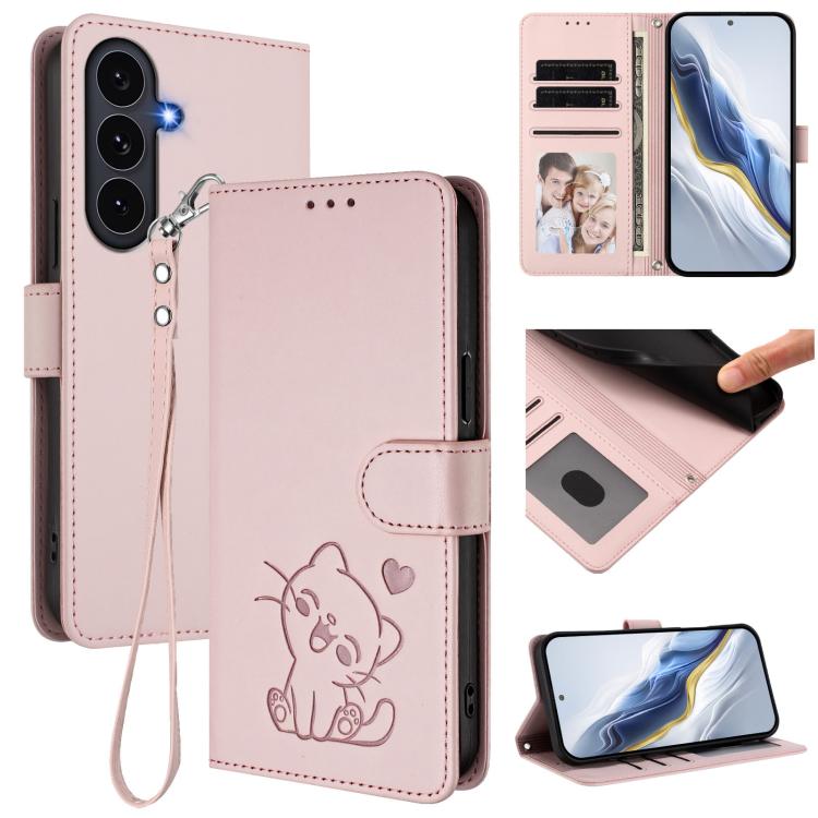 

For Samsung Galaxy S25 FE 5G Embossed Heart Cat Leather Phone Case with Hand Strap(Pink)