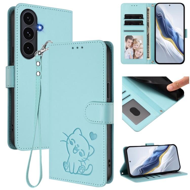 

For Samsung Galaxy S25 FE 5G Embossed Heart Cat Leather Phone Case with Hand Strap(Mint Green)