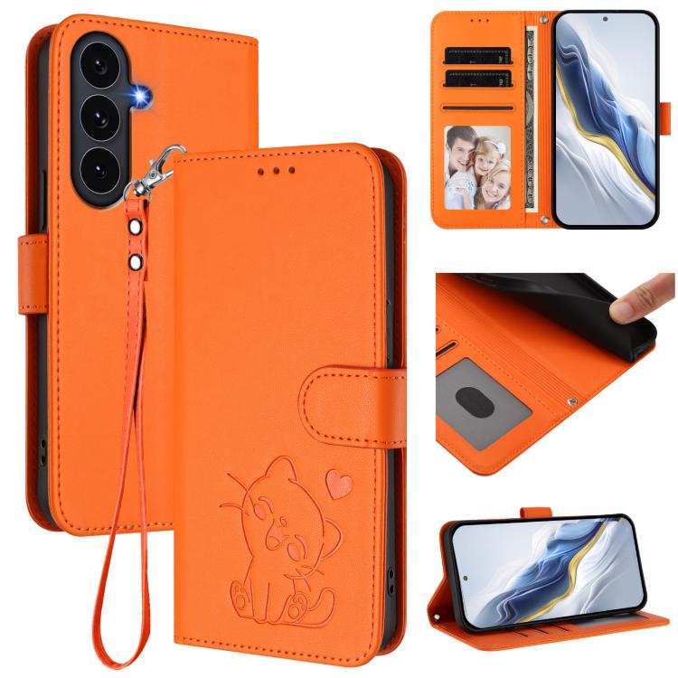 

For Samsung Galaxy S25 FE 5G Embossed Heart Cat Leather Phone Case with Hand Strap(Orange)