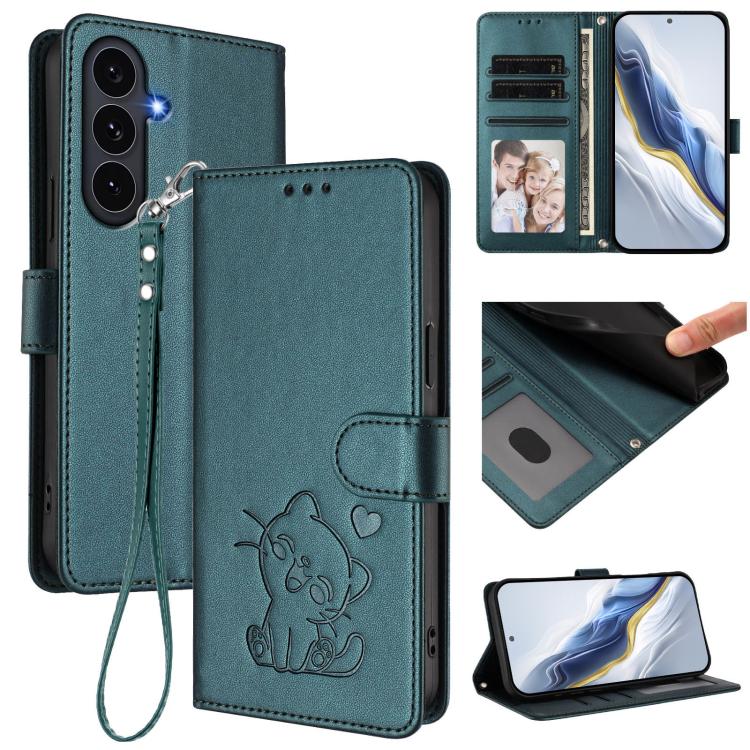 

For Samsung Galaxy S25 FE 5G Embossed Heart Cat Leather Phone Case with Hand Strap(Dark Green)