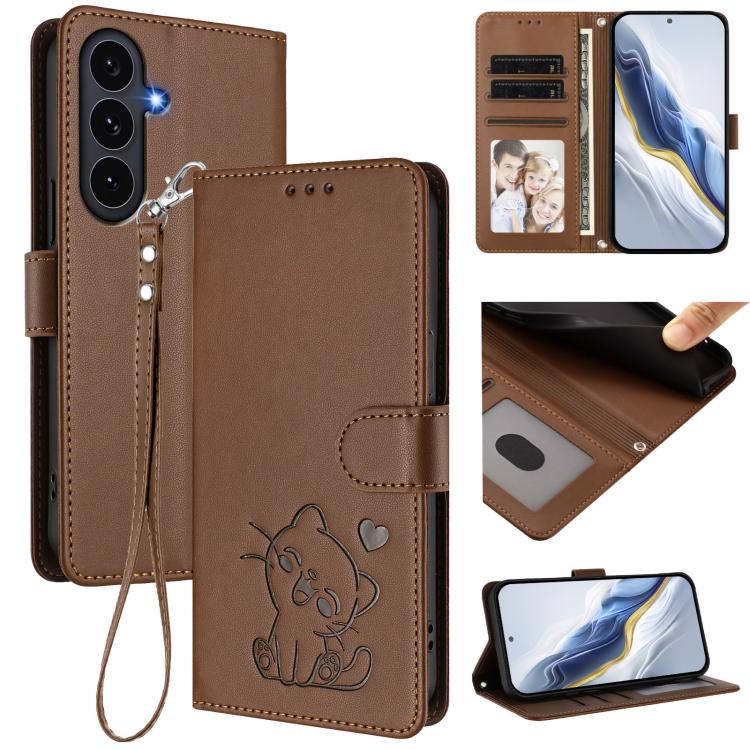 

For Samsung Galaxy S25 FE 5G Embossed Heart Cat Leather Phone Case with Hand Strap(Brown)