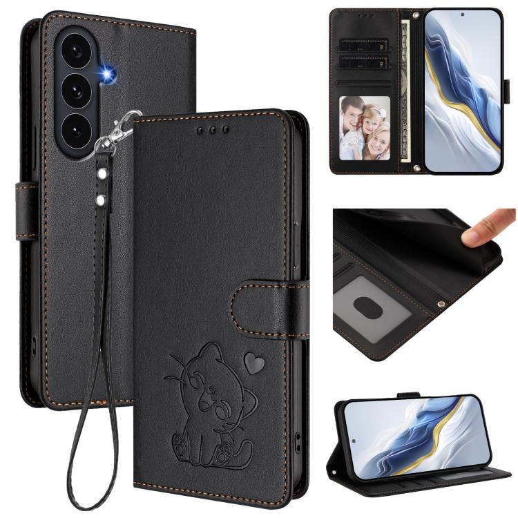 

For Samsung Galaxy S25 FE 5G Embossed Heart Cat Leather Phone Case with Hand Strap(Black)