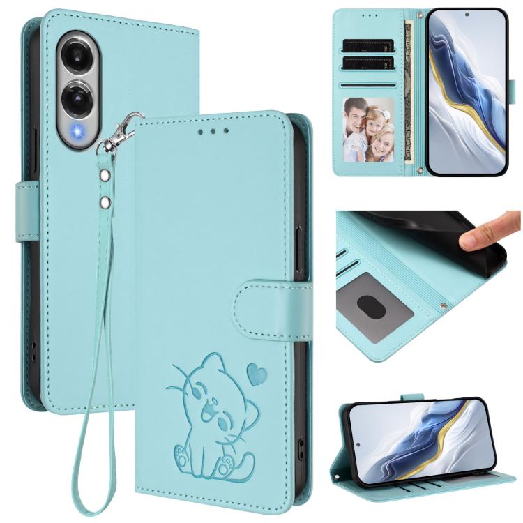 

For Samsung Galaxy S25 Edge 5G Embossed Heart Cat Leather Phone Case with Hand Strap(Mint Green)
