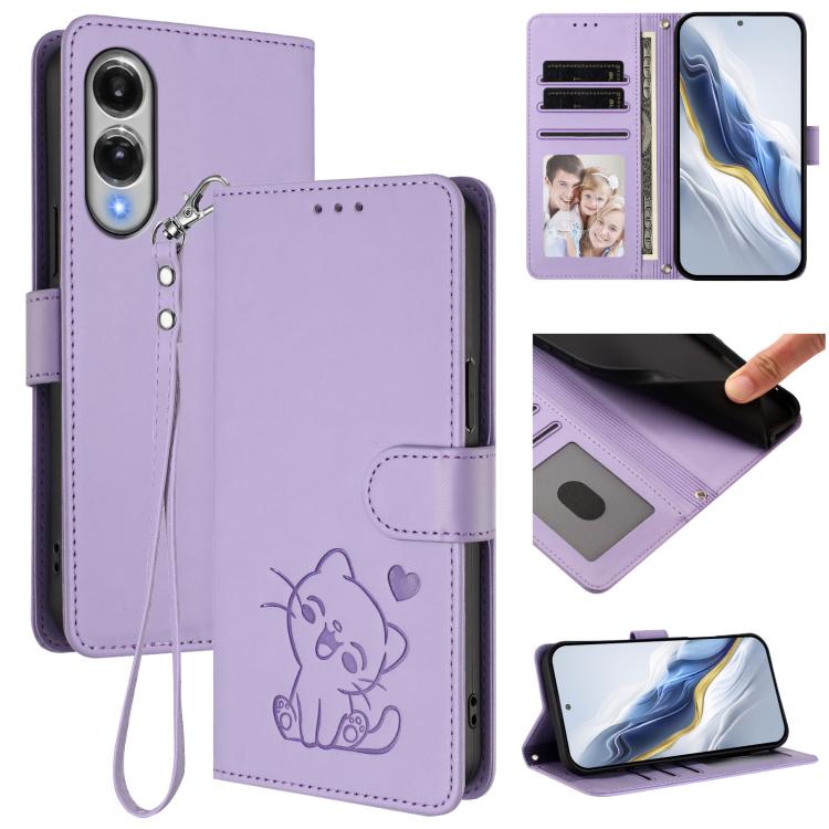 

For Samsung Galaxy S25 Edge 5G Embossed Heart Cat Leather Phone Case with Hand Strap(Light Purple)
