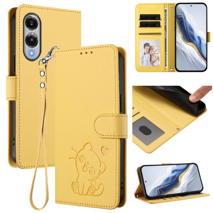 

For Samsung Galaxy S25 Edge 5G Embossed Heart Cat Leather Phone Case with Hand Strap(Yellow)