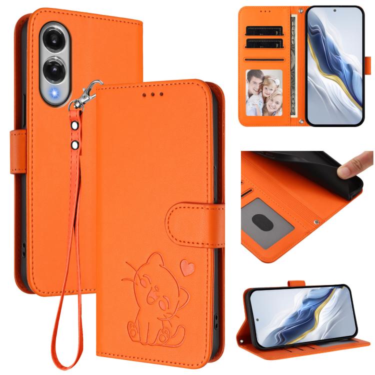 

For Samsung Galaxy S25 Edge 5G Embossed Heart Cat Leather Phone Case with Hand Strap(Orange)