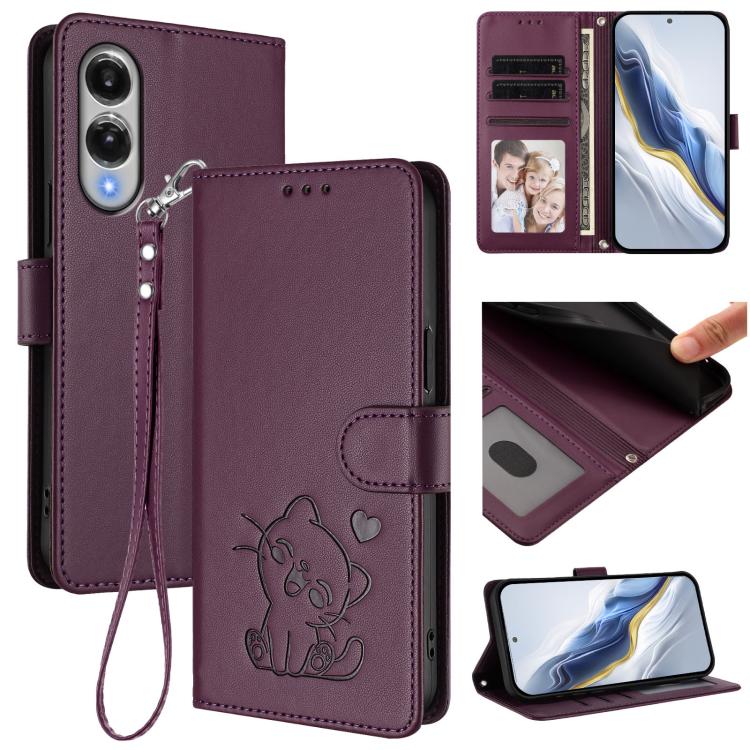 

For Samsung Galaxy S25 Edge 5G Embossed Heart Cat Leather Phone Case with Hand Strap(Dark Purple)