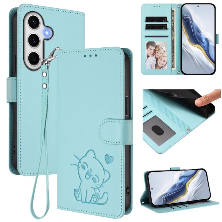 

For Samsung Galaxy S24 FE 5G Embossed Heart Cat Leather Phone Case with Hand Strap(Mint Green)