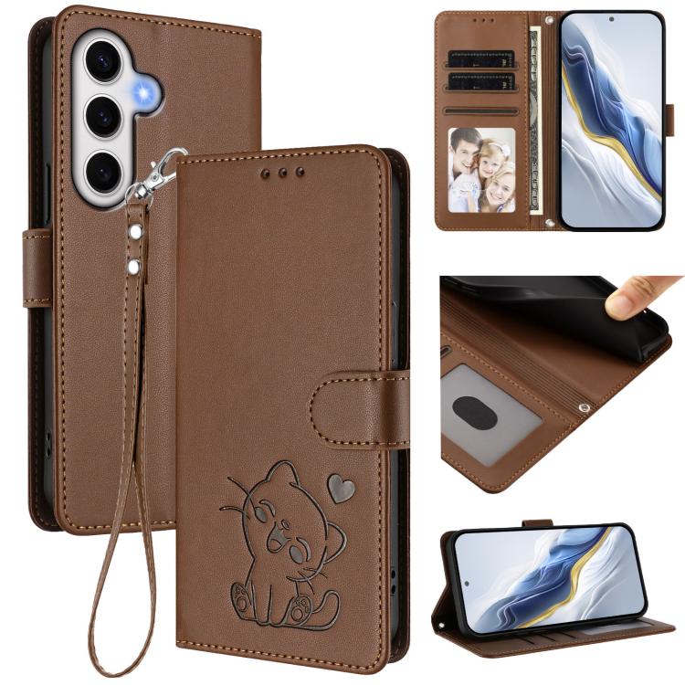 

For Samsung Galaxy S24 FE 5G Embossed Heart Cat Leather Phone Case with Hand Strap(Brown)