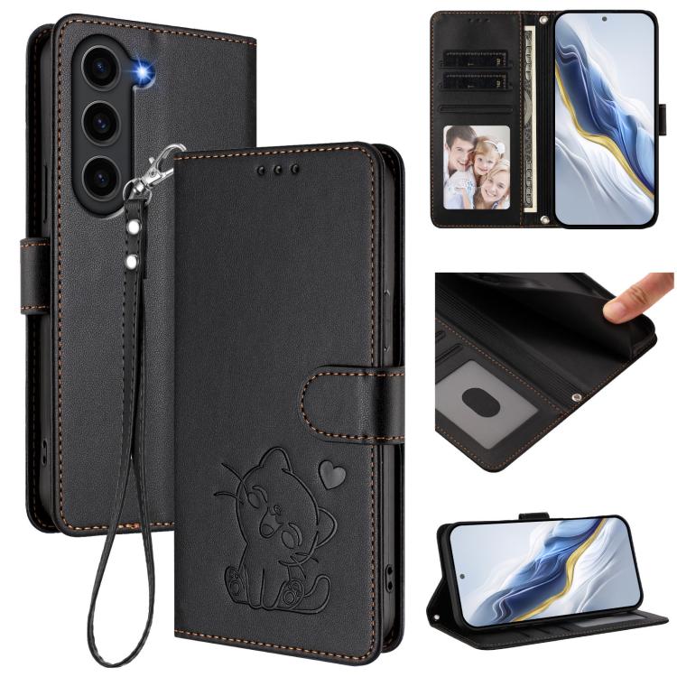 

For Samsung Galaxy S23 5G Embossed Heart Cat Leather Phone Case with Hand Strap(Black)