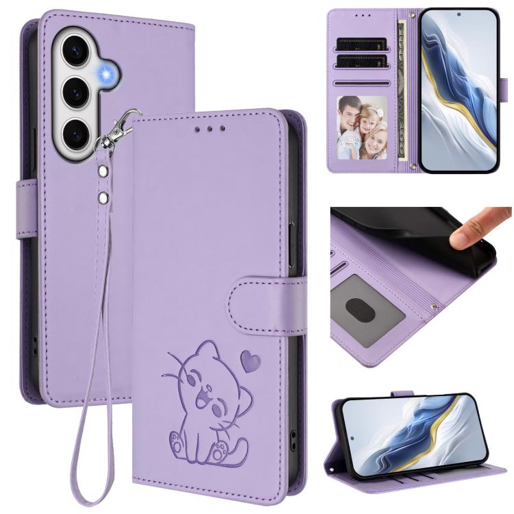 

For Samsung Galaxy S23 FE 5G Embossed Heart Cat Leather Phone Case with Hand Strap(Light Purple)