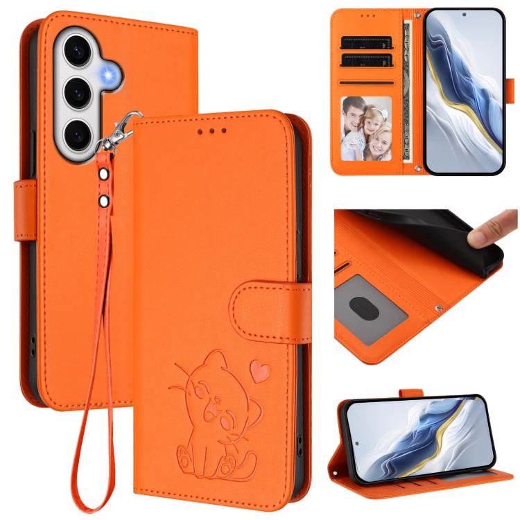 

For Samsung Galaxy S23 FE 5G Embossed Heart Cat Leather Phone Case with Hand Strap(Orange)
