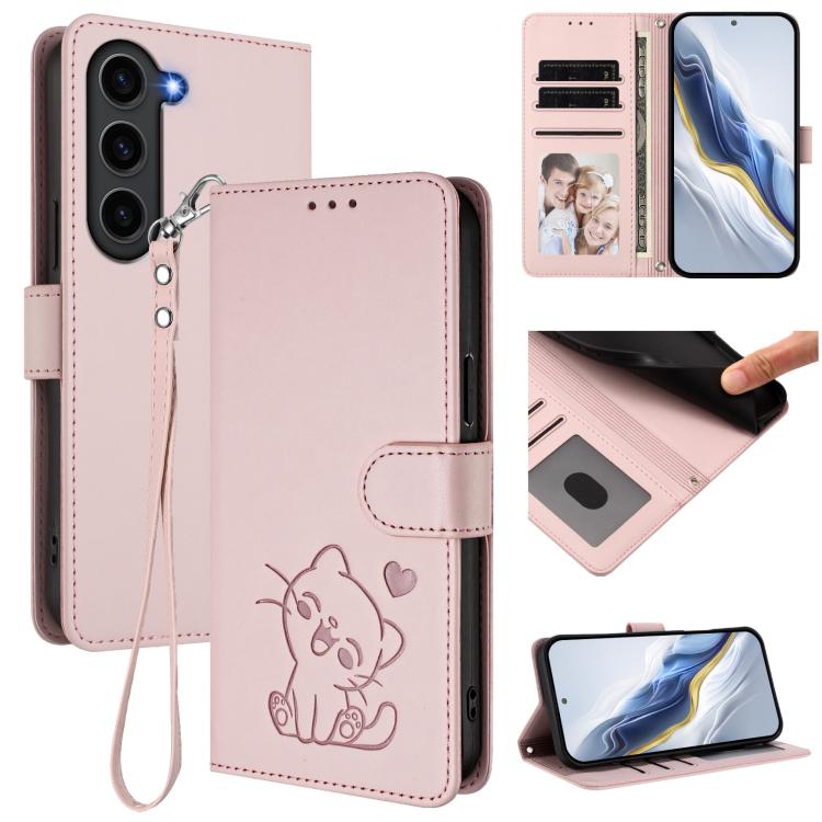 

For Samsung Galaxy S23+ 5G Embossed Heart Cat Leather Phone Case with Hand Strap(Pink)