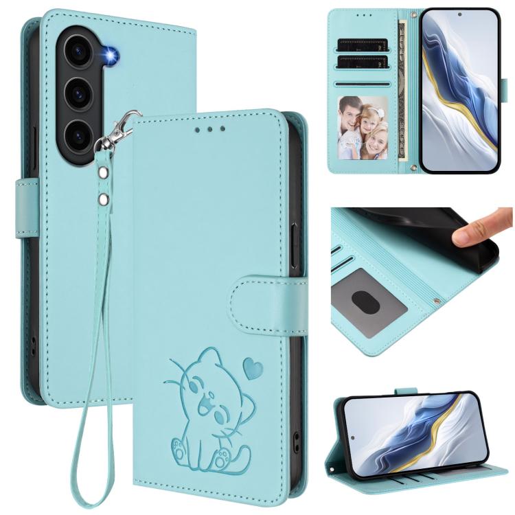 

For Samsung Galaxy S23+ 5G Embossed Heart Cat Leather Phone Case with Hand Strap(Mint Green)