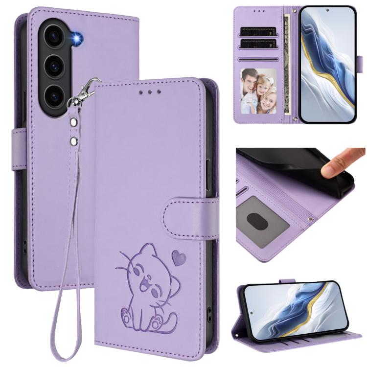 

For Samsung Galaxy S23+ 5G Embossed Heart Cat Leather Phone Case with Hand Strap(Light Purple)