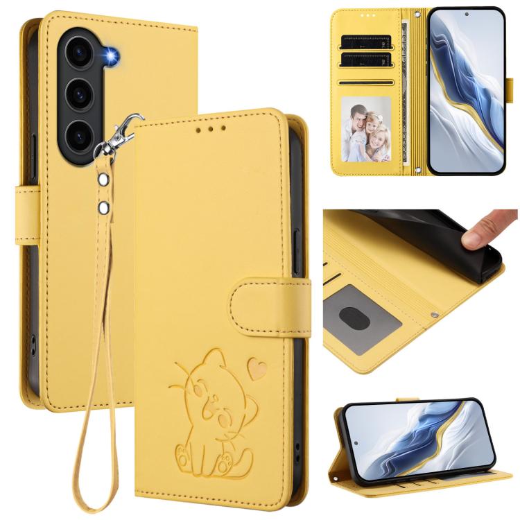 

For Samsung Galaxy S23+ 5G Embossed Heart Cat Leather Phone Case with Hand Strap(Yellow)