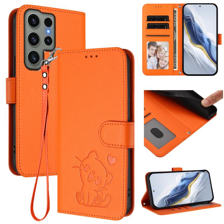 

For Samsung Galaxy S23 Ultra 5G Embossed Heart Cat Leather Phone Case with Hand Strap(Orange)