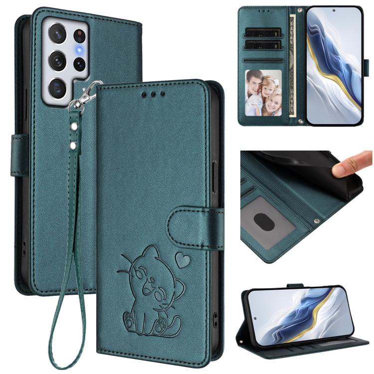 

For Samsung Galaxy S22 Ultra 5G Embossed Heart Cat Leather Phone Case with Hand Strap(Dark Green)