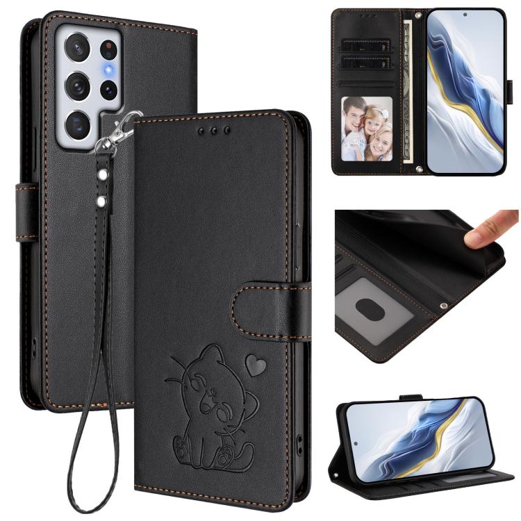 

For Samsung Galaxy S22 Ultra 5G Embossed Heart Cat Leather Phone Case with Hand Strap(Black)