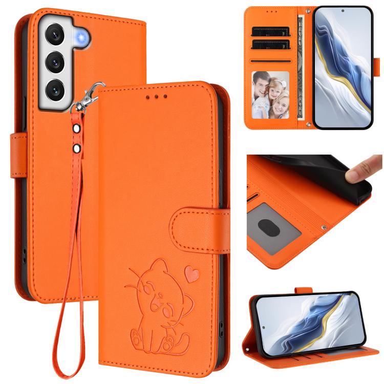 

For Samsung Galaxy S22 5G Embossed Heart Cat Leather Phone Case with Hand Strap(Orange)