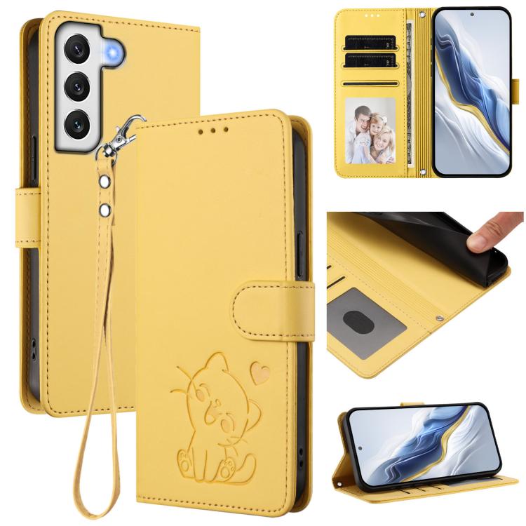 

For Samsung Galaxy S22+ 5G Embossed Heart Cat Leather Phone Case with Hand Strap(Yellow)
