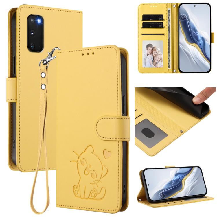 

For Samsung Galaxy S20 FE Embossed Heart Cat Leather Phone Case with Hand Strap(Yellow)