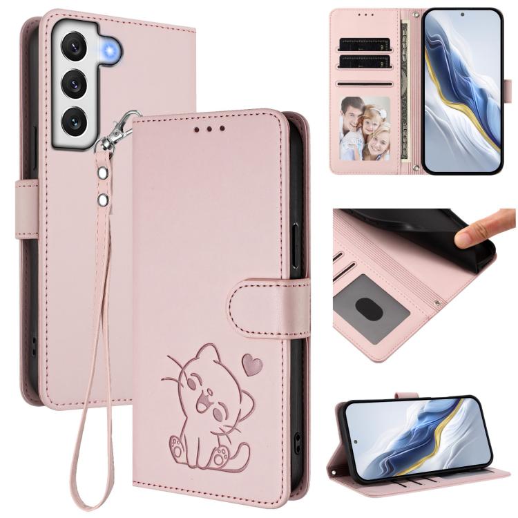

For Samsung Galaxy S21 5G Embossed Heart Cat Leather Phone Case with Hand Strap(Pink)