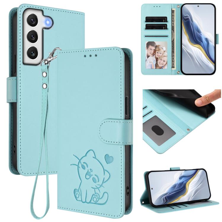 

For Samsung Galaxy S21 5G Embossed Heart Cat Leather Phone Case with Hand Strap(Mint Green)