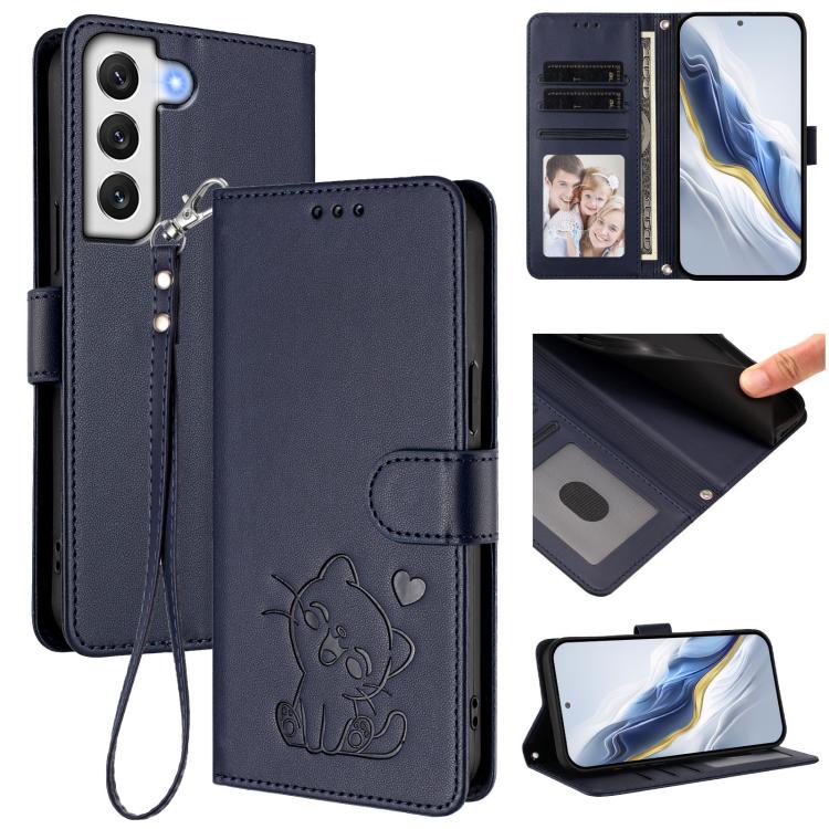 

For Samsung Galaxy S21+ 5G Embossed Heart Cat Leather Phone Case with Hand Strap(Blue)