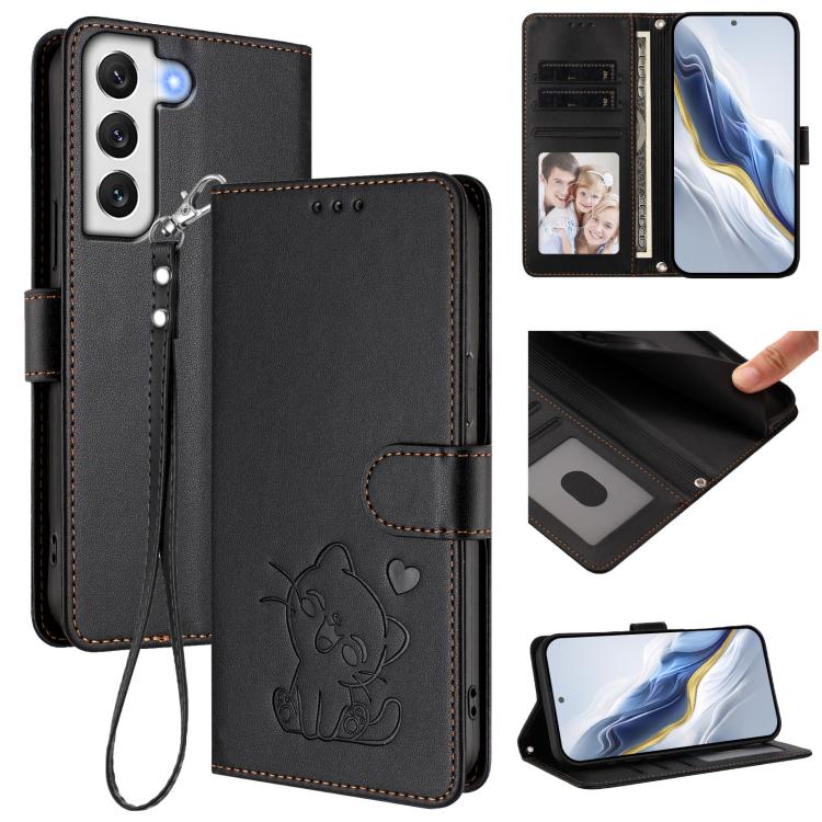

For Samsung Galaxy S21+ 5G Embossed Heart Cat Leather Phone Case with Hand Strap(Black)