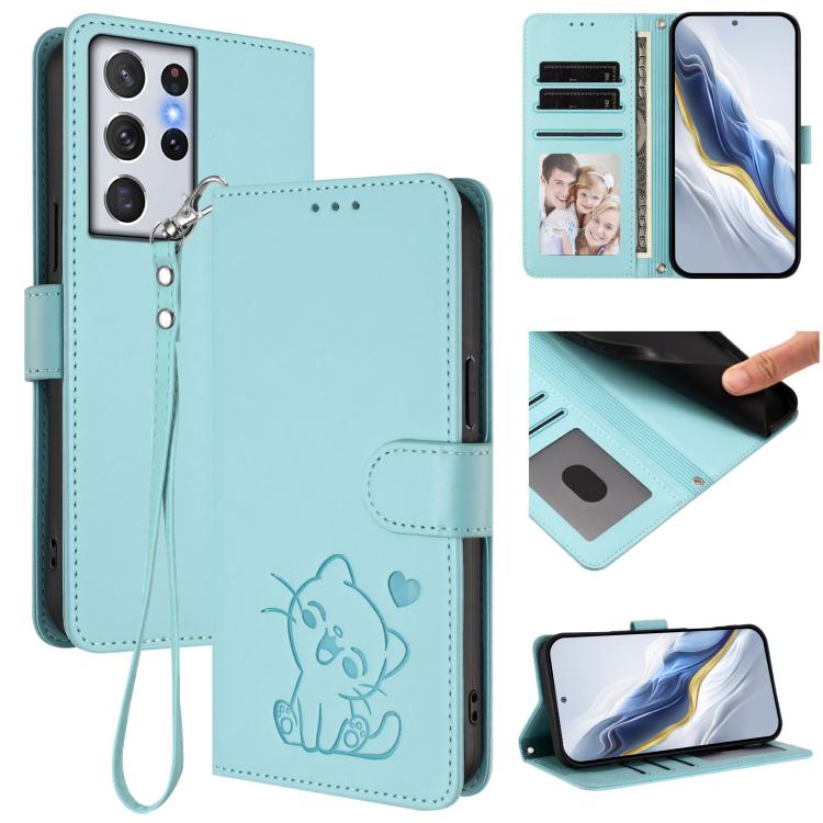 

For Samsung Galaxy S21 Ultra 5G Embossed Heart Cat Leather Phone Case with Hand Strap(Mint Green)