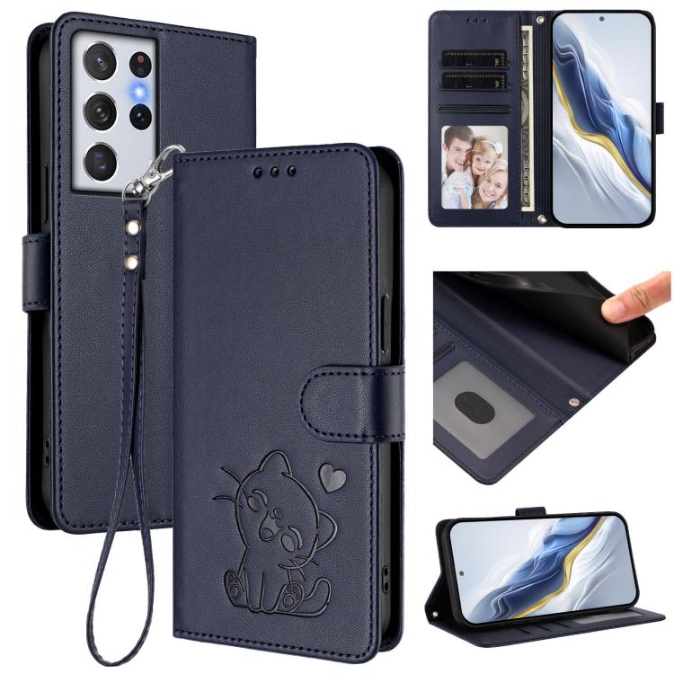 

For Samsung Galaxy S21 Ultra 5G Embossed Heart Cat Leather Phone Case with Hand Strap(Blue)