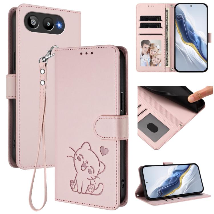 

For BLU G95 Embossed Heart Cat Leather Phone Case with Hand Strap(Pink)