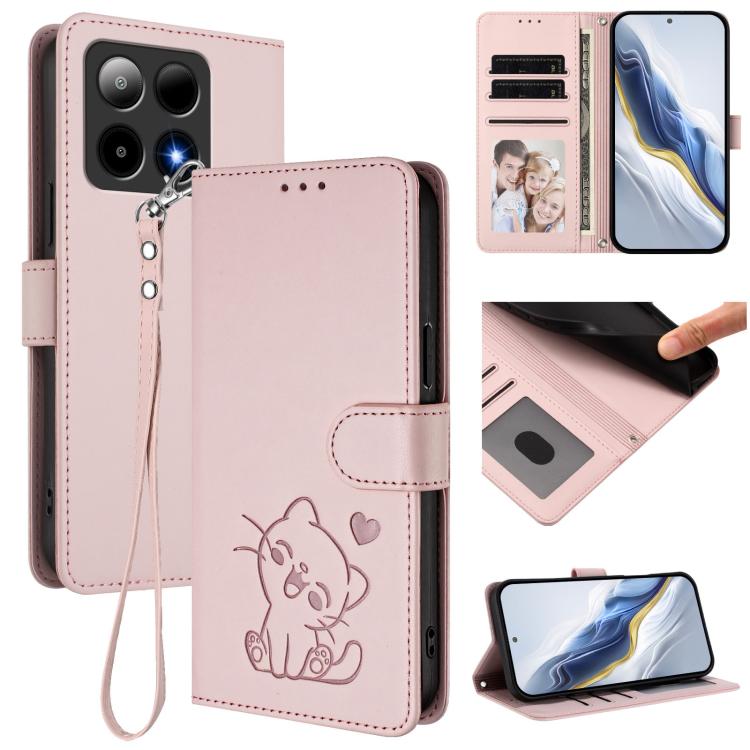 

For Boost Mobile Summit 5G 2024 Embossed Heart Cat Leather Phone Case with Hand Strap(Pink)