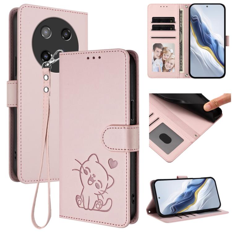 

For Coolpad C16 Embossed Heart Cat Leather Phone Case with Hand Strap(Pink)