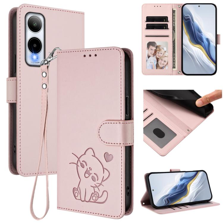 

For Cricket Icon 6 / AT&T Verge Embossed Heart Cat Leather Phone Case with Hand Strap(Pink)